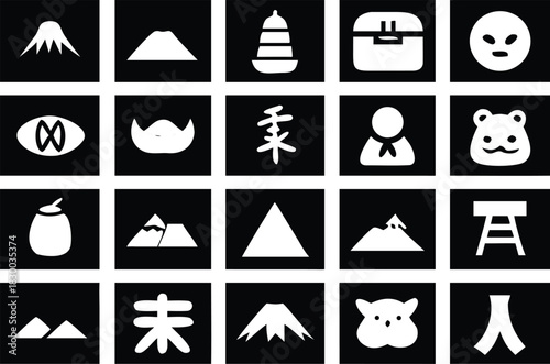 Explore Japan with these cultural icons representing traditions, nature, and folklore in a stylish modern design, perfect for travel guides or cultural projects