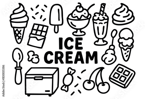 Ice cream doodle illustration — cones, sundaes, and other frozen desserts and sweets — stock vector.