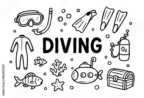 Diving doodle illustration — scuba gear, marine life, and other underwater exploration elements — stock vector.