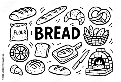 Bread doodle illustration — loaf, baguette, and other bakery and baking elements — stock vector.