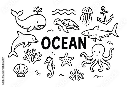 Ocean doodle illustration — whale, shark, and other sea animals and marine life — stock vector.