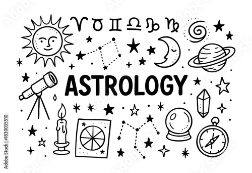 Astrology doodle illustration — zodiac signs, planets, and other horoscope and celestial symbols — stock vector.