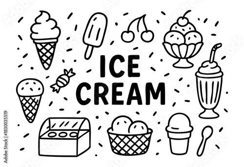Ice cream doodle illustration — cones, sundaes, and other frozen desserts and sweets — stock vector.