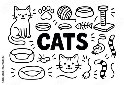 Cats doodle illustration — kittens, toys, and other feline pet accessories — stock vector.
