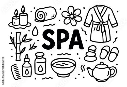 Spa doodle illustration — massage, aromatherapy, and other wellness and relaxation elements — stock vector.