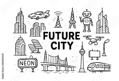Future city doodle illustration — skyscrapers, robots, and other futuristic and technology elements — stock vector.