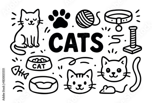 Cats doodle illustration — kittens, toys, and other feline pet accessories — stock vector.
