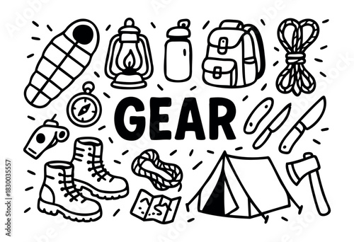 Camping gear doodle illustration — tent, backpack, and other outdoor and hiking equipment — stock vector.