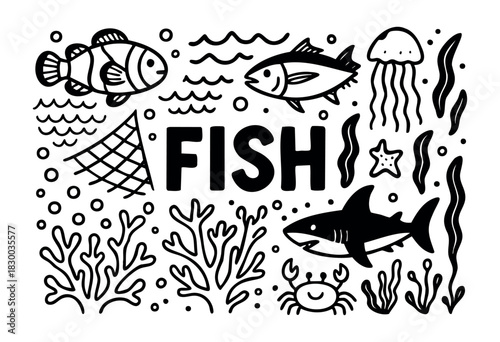 Fish doodle illustration — shark, clownfish, and other sea animals and marine life — stock vector.