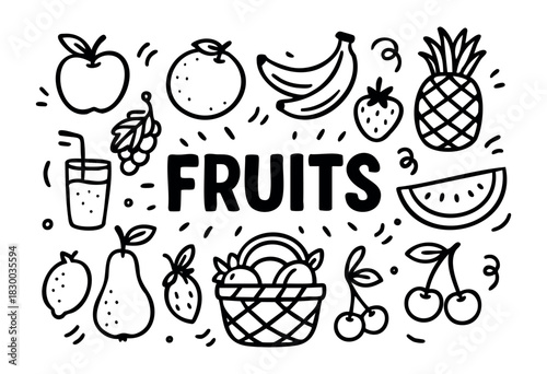 Fruits doodle illustration — apple, banana, pineapple, and other healthy sweet foods — stock vector.