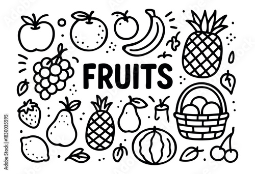 Fruits doodle illustration — apple, banana, pineapple, and other healthy sweet foods — stock vector.