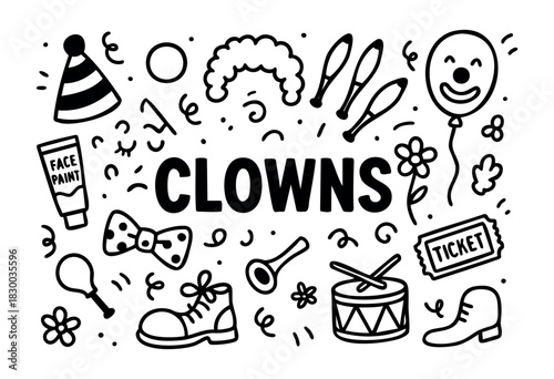 Clowns doodle illustration — circus performer, props, and other fun and entertainment elements — stock vector.