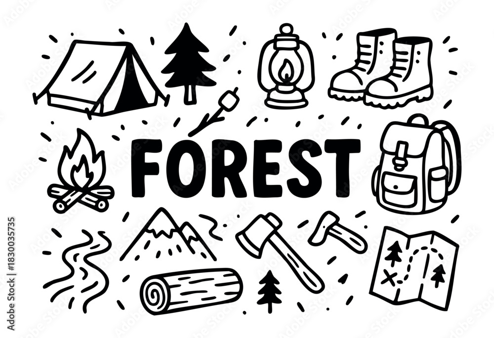 Fototapeta premium Forest doodle illustration — trees, mountains, and other camping and hiking elements — stock vector.