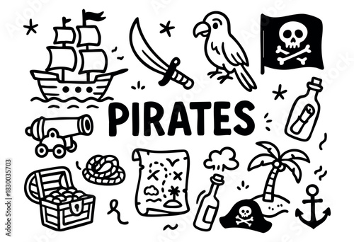 Pirates doodle illustration — ship, treasure map, and other adventure on the high seas elements — stock vector.