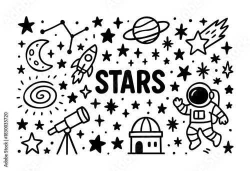 Stars doodle illustration — night sky, space, and other astronomy and celestial elements — stock vector.