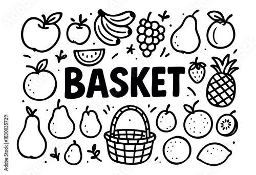Fruit basket doodle illustration — various fresh and healthy fruits — stock vector.
