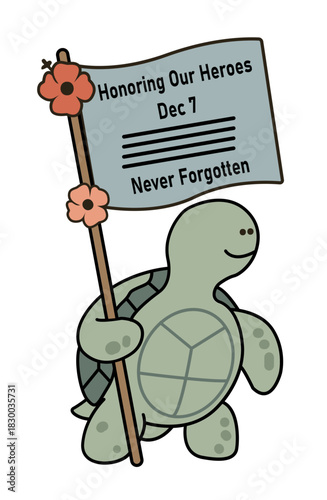 Turtle Holding American Flag SVG | Pearl Harbor Day 1941 | T-Shirt Design for Veterans & Military Remembrance | Never Forgotten