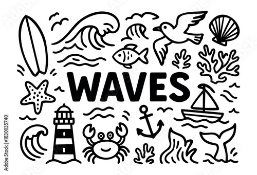 Waves doodle illustration — ocean, sea, and other nautical and beach elements — stock vector.