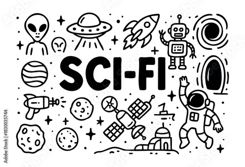 Sci-fi doodle illustration — alien, UFO, robot, and other space and futuristic elements — stock vector.