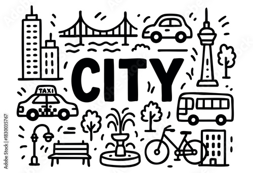 City life doodle illustration — buildings, transport, and other urban and landmark elements — stock vector.