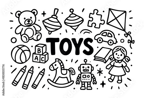 Kids' toys doodle illustration — teddy bear, robot, doll, and other play items — stock vector.