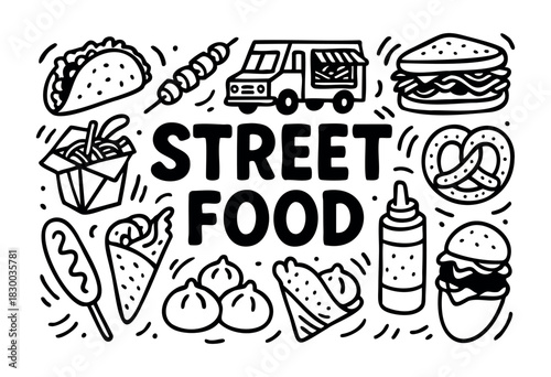 Street food doodle illustration — food truck, taco, and other fast food and take-away items — stock vector.