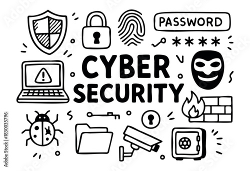 Cyber security doodle illustration — hacker, virus, and other data protection and internet safety elements — stock vector.