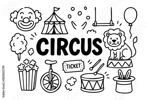 Circus doodle illustration — clown, tent, and other carnival and entertainment show elements — stock vector.