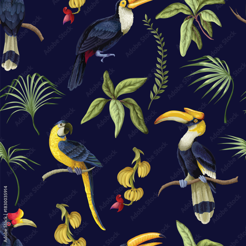 Obraz premium Tropic jungle birds vector seamless pattern with exotic parrots toucans leaves and branches