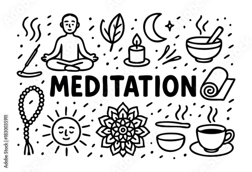Meditation doodle illustration — yoga pose, mandala, and other spiritual and mindfulness practice elements — stock vector.