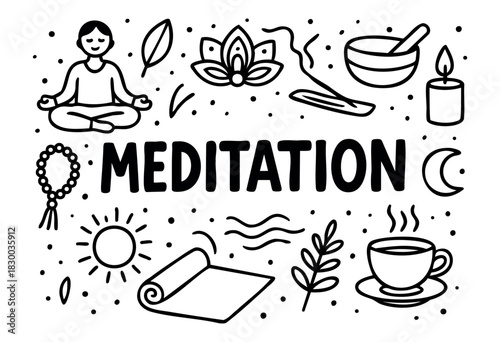 Meditation doodle illustration — yoga pose, mandala, and other spiritual and mindfulness practice elements — stock vector.