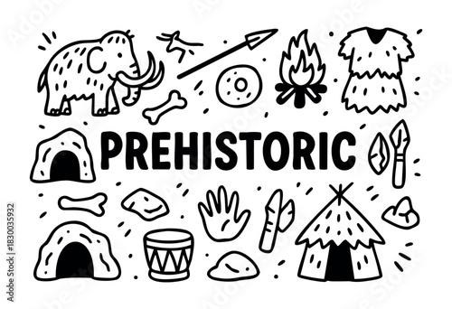 Prehistoric doodle illustration — mammoth, cave paintings, and other stone age and ancient life elements — stock vector.