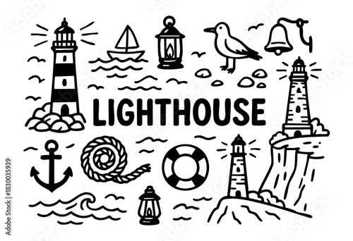 Lighthouse doodle illustration — coastal towers and other nautical and maritime symbols — stock vector.