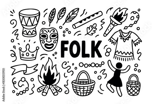 Folk doodle illustration — traditional music, dance, and other cultural heritage elements — stock vector.