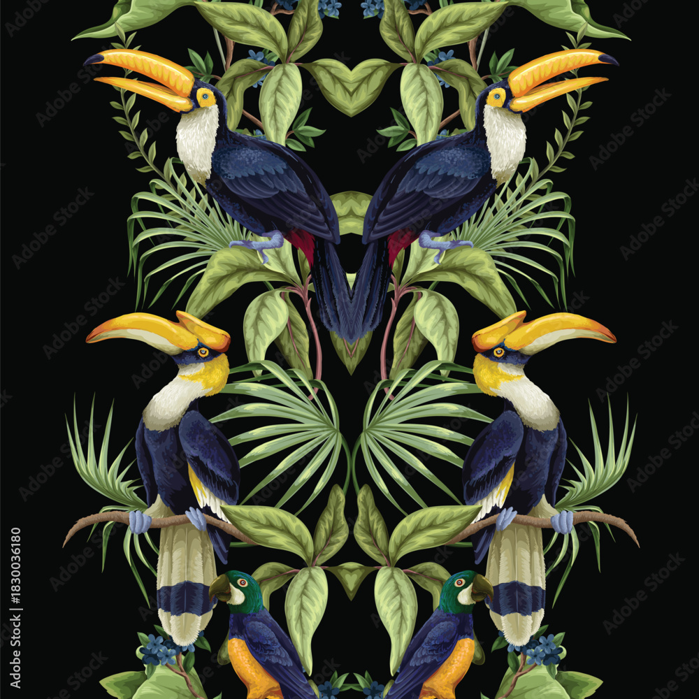 Obraz premium Tropic jungle birds vector seamless pattern with exotic parrots toucans leaves and branches