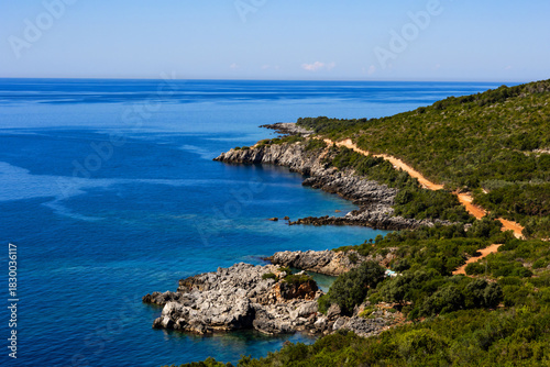 Aquarium and Guma Beaches near Himare, Albania. Sunny Albanian Riviera seascape, turquoise water, scenic coast, summer vacation concept