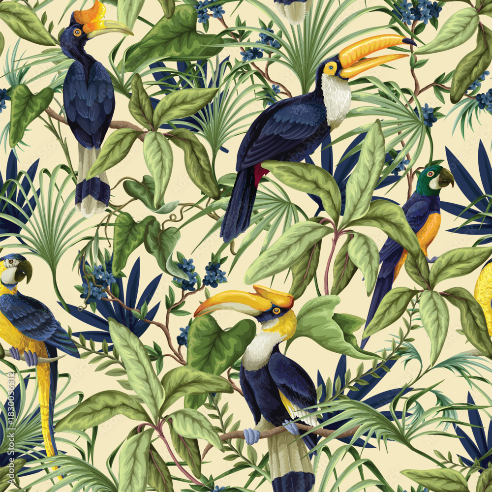 Naklejka premium Tropic jungle birds vector seamless pattern with exotic parrots toucans leaves and branches