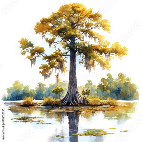 watercolor vector of A Bald Cypress Tree, isolated on a white background.