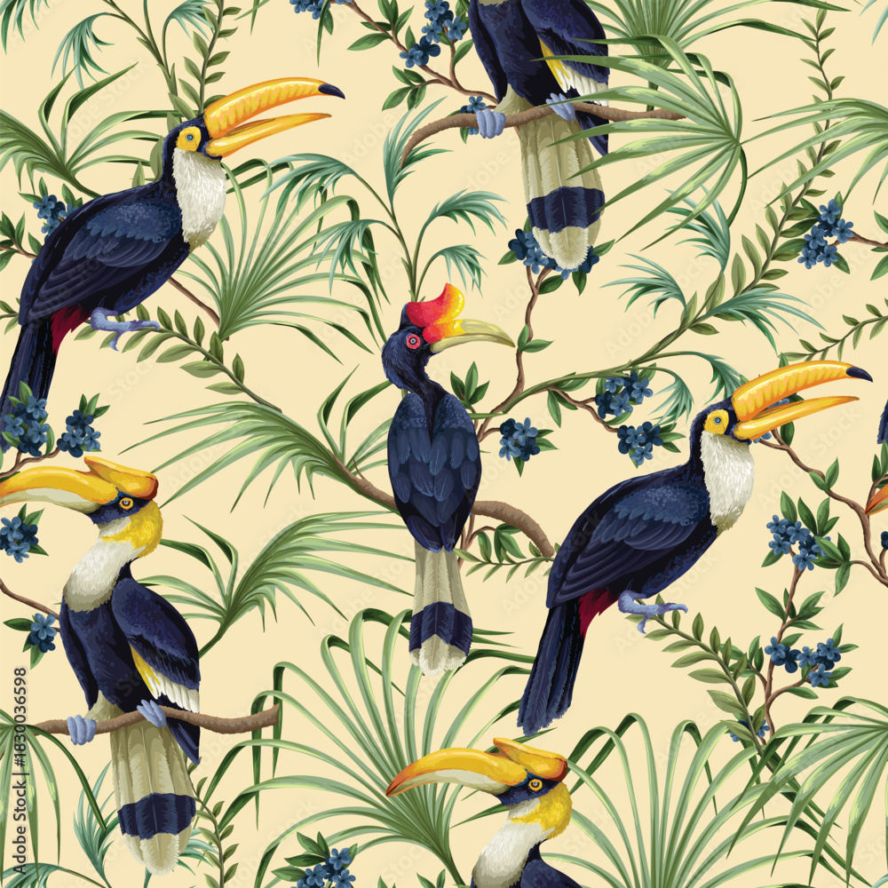 Naklejka premium Tropic jungle birds vector seamless pattern with exotic parrots toucans leaves and branches