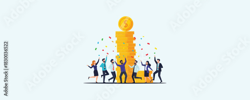 Happy business people celebrating financial growth and wealth, group of cheerful employees standing around a stack of gold coins and money, income increase