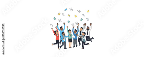 Business team celebrating achievement with flying documents, group of happy employees raising hands in joy, successful project completion and paperwork