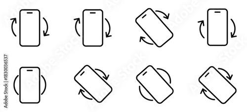 Rotate phone icon collection, showing smartphone rotation, device rotation signs, and line vector illustrations, suitable for app interfaces, mobile technology graphics, UI and UX design elements, dig
