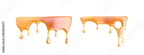 Honey gooey caramel melt with oil flow, drip syrup. Liquid food or tasty splatter design. Golden droplet for dessert or cosmetic product. Vector background
