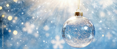  transparent glass christmas tree ornament hanging against a background of blue snow