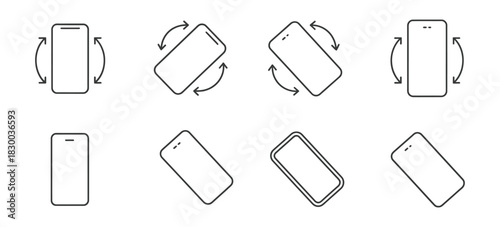 Rotate phone icon collection, showing smartphone rotation, device rotation signs, and line vector illustrations, suitable for app interfaces, mobile technology graphics, UI and UX design elements, dig