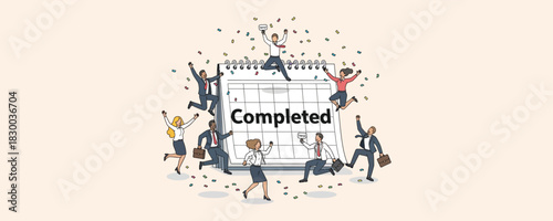 Happy business team celebrates project completion jumping around giant calendar with word completed written on it and colorful confetti falling around them