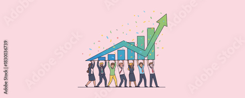 Group of business people holding up a growing bar graph with an upward trend arrow and colorful confetti falling symbolizing business success and growth
