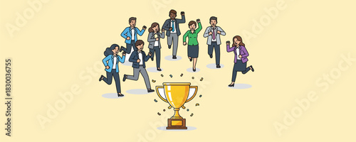 Group of joyful business people running towards a golden trophy with falling confetti celebrating a significant victory achievement or reaching a business goal