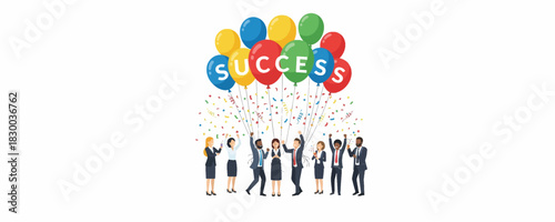 Group of happy business people celebrating success with colorful balloons spelling out the word success and falling confetti in a festive atmosphere