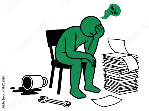 A green cartoon figure sits slumped on a chair, head in hand, with a pile of papers and spilled coffee nearby.